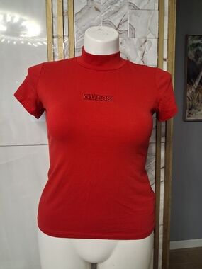 GUESS Women's Red Mock Neck Logo Tee